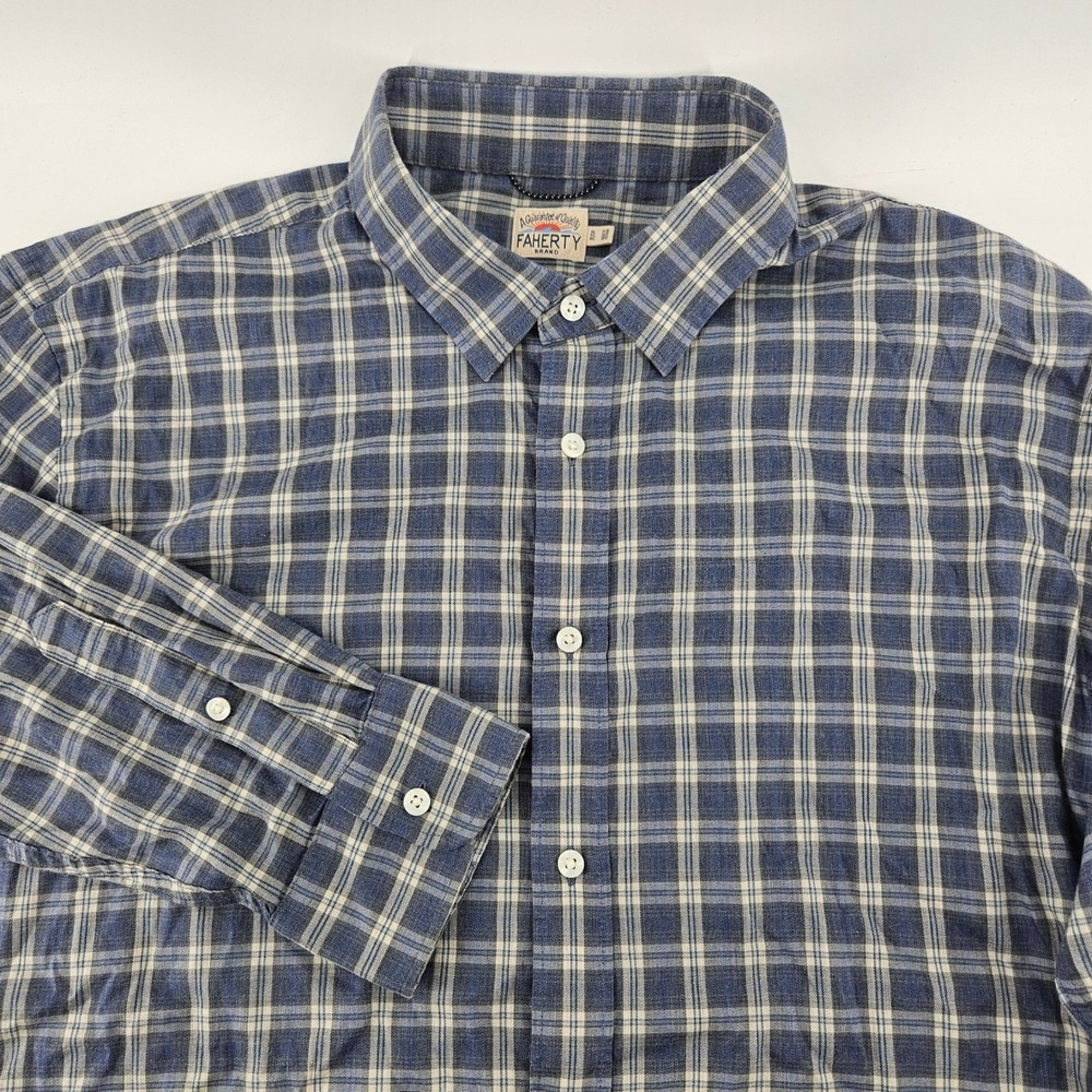 Faherty Brand Mens XL Blue Plaid Supima Cotton Tencel Stretch Button Down Shirt